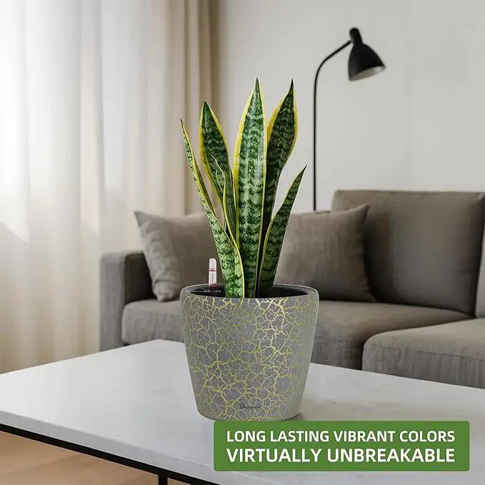 Dexceder 11x10 Inches Self Watering Planter Indoor Outdoor, Inner Pot Design, Thickened Table Flower Plant Pot with Water Level Indicator (Grey Gold Crackle) by GreenHaven Gardens