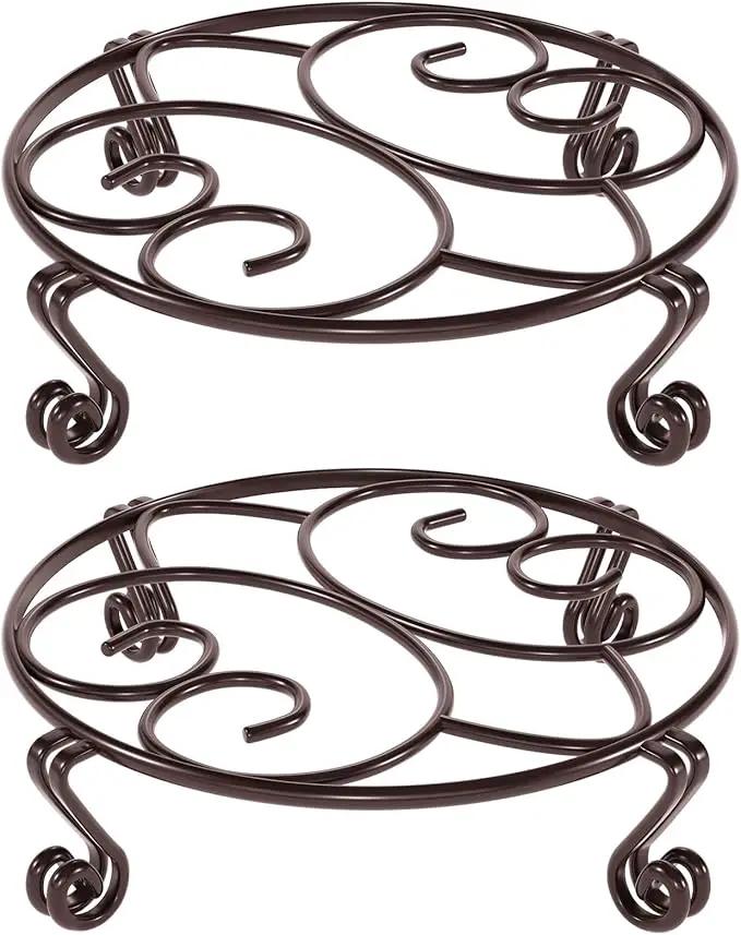 Yimobra 2 Pack Plant Stand for Flower Pot Heavy Duty Potted Holder Indoor Outdoor Metal Rustproof Iron Garden Container Round Supports Rack for Planter Bronze, Brown, 9.4 Inches by GreenHaven Gardens