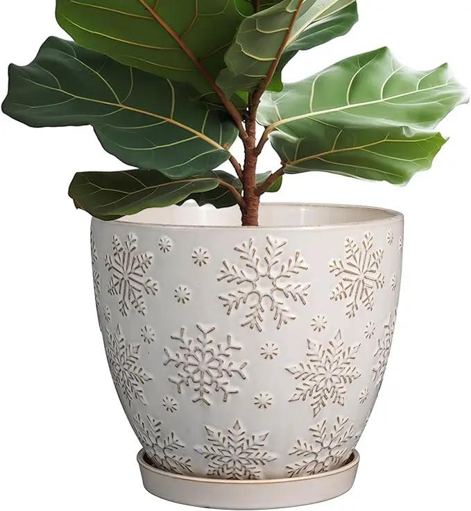 10 Inch Ceramic Planter Pot Large Plant Pot for Indoor Plants Outdoor Round Flower Pot with Drainage Hole and Saucer for Home Garden Decor White by GreenHaven Gardens