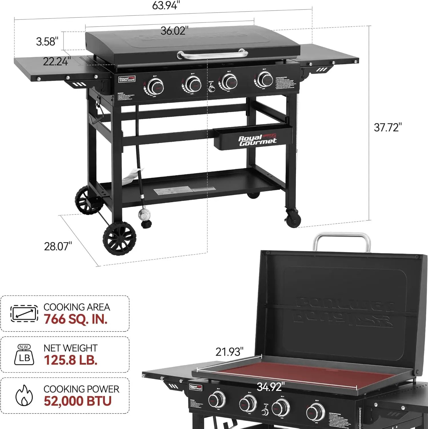Royal Gourmet GB4000P 4 Burner Propane Gas Griddle with Hard Cover and Foldable Side Tables, 35-Inch Flat Top Grill with 766 Sq. In. Cooking Area for Backyard and Tailgating, Black by GreenHaven Gardens