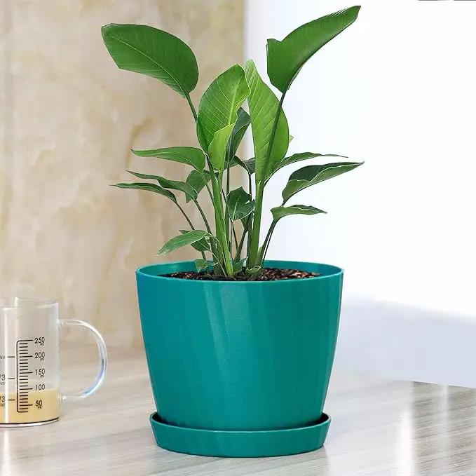 7 Inch Plant Pots Bulk, 6 Pack Plastic Planters with Drainage Holes and Saucers for Indoor Outdoor House Plants and Flowers, Green by GreenHaven Gardens