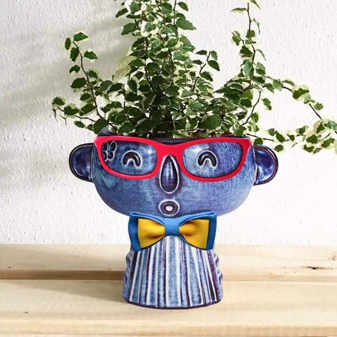 Planter, Ceramic Cute Face Flower Pot Head, Indoor Outdoor, Drainage Hole, 7x5x6 inches, Light Blue by GreenHaven Gardens
