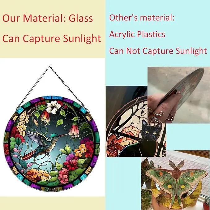 Hummingbirds and Flowers Pattern Suncatcher Stained Glass,Hanging Stained Glass for Windows,20cm/7.87inch Hand-Painted Sun Catcher Garden Hangings Painted Glass Panel Decor Themed Gift by GreenHaven Gardens