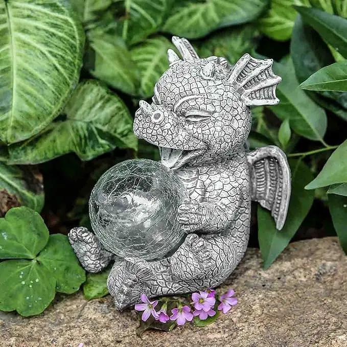 Solar Dragon Outdoor Statue Cute Baby Dragon Holding Glowing Glass Orb Resin Garden Decoration for Porch Patio Lawn Yard Perfect Housewarming Gift by GreenHaven Gardens
