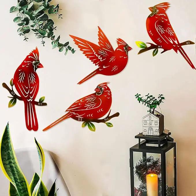 4 Pack Metal Cardinal Wall Art Decor Metal Birds 3D Outdoor Sculpture, Ornaments Hand-Made Nimble red Bird, Gifts for Mom,Birthday Gifts for Grandma Wife by GreenHaven Gardens