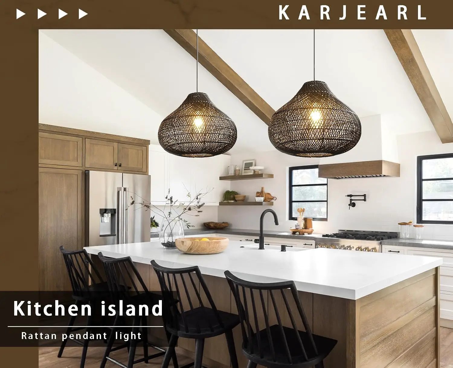 Karjear Black Rattan Chandelier, 16.5 inch Large Wicker Pendant Lights Fixture Hand-Woven Basket Hanging Light for Dining Room Kitchen Island Living Room by GreenHaven Gardens