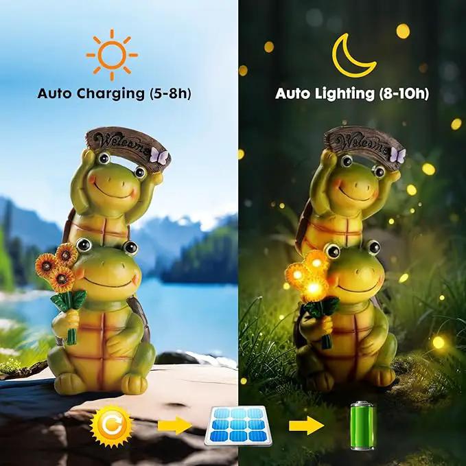 Garden Turtle Outdoor Statues, Solar Garden Statue Two Sweet Frog Face Turtles Decor with 3 LED Lights, Unique Art Resin Gifts for Patio Lawn Porch Yard by GreenHaven Gardens