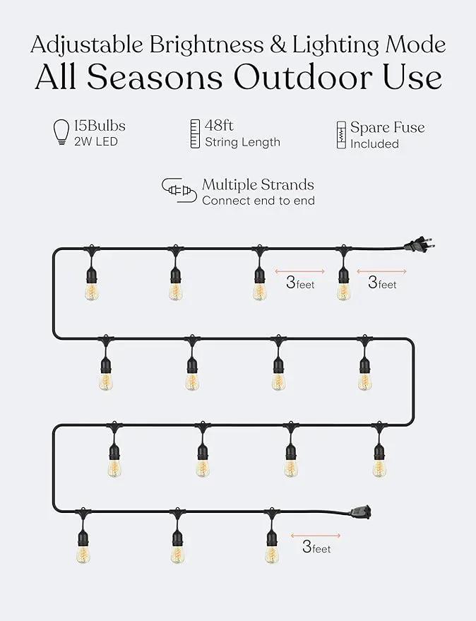 Brightech Ambience Pro - Waterproof LED Outdoor String Lights - 15 Bulbs, Dimmable 2W Vintage Spiral Edison Bulbs - 48 Ft Commercial Grade Patio Lights Cafe Ambience in Your Backyard by GreenHaven Gardens