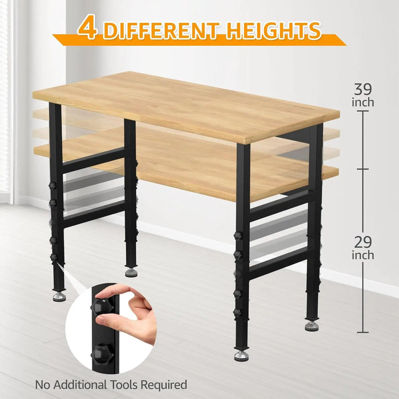 48" Adjustable Workbench,Heavy-Duty Work Table,3000 LBS Load Capacity Hardwood Workstation Outlets with Power Strips and Fixed feet,for Workshop, Garage by GreenHaven Gardens
