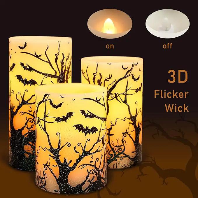 Halloween Decor Flameless Candles Set of 3 Black Spooky Bats Decal Flickering Candles Battery Operated with Remote Real Wax LED Pillar Candles for Halloween Party Horrible Theme Decor by GreenHaven Gardens