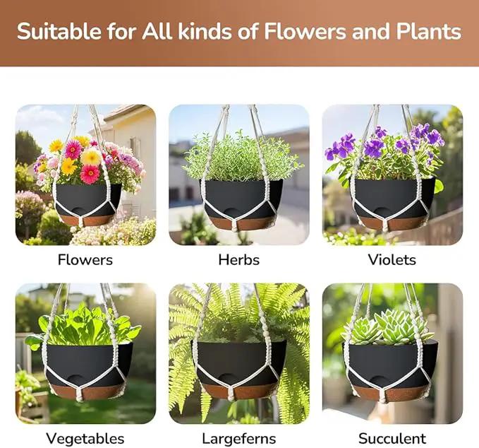12 Inch Hanging Baskets for Plants Outdoor, Hanging Planters for Indoor Outdoor Plants, Hanging Planter with Self Watering, Hanging Flower Pots (Black Planter with Macrame + Iron Hangers) by GreenHaven Gardens