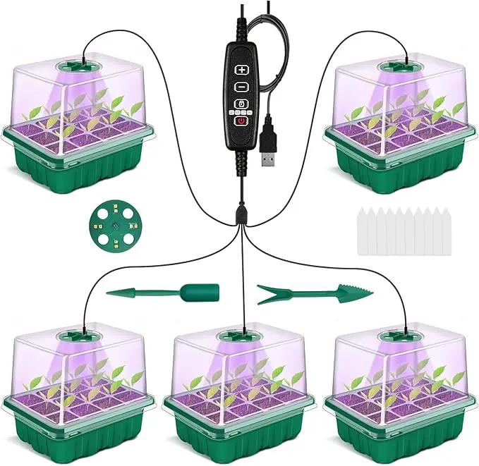 GOONMMILL Seed Starter Tray with Timed Grow Light, 5 Packs Plant Starter Tray Seedling Starter Kit with Humidity Domes Base Indoor Greenhouse Mini Propagator Station for Seeds Growing Starting by GreenHaven Gardens