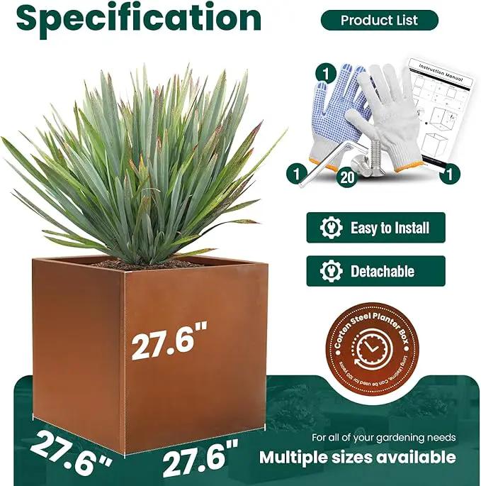 Corten Steel Planter Metal Square Planter Tall Cube Rustic Steel Planters 27.6 Inch Durable Antique Detached for Outdoor Commercial Residential Garden Patio Deck and Backyard by GreenHaven Gardens