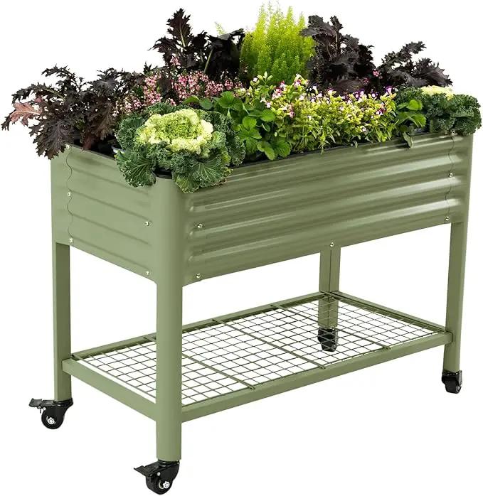 Rolling Elevated Raised Garden Bed-V Series, 2' x 4' Garden Beds with Legs & Storage Rack for Patio & Porch, 700 Lbs Weight Capacity, Outdoor Planter Box for Vegetables Flower Herbs, Olive Green by GreenHaven Gardens