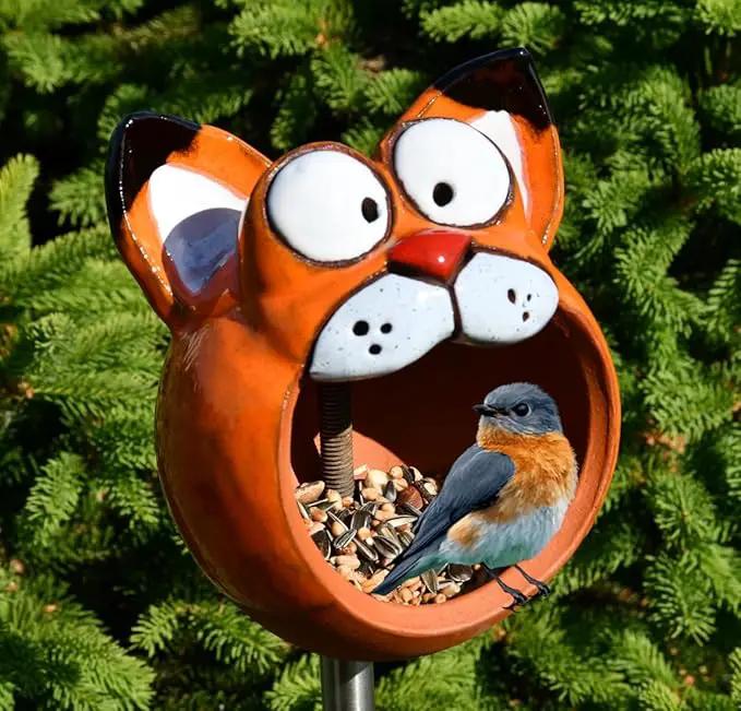 Ceramic Garden Decor - Cat Lawn Stake - Bird Feeder - Outdoor Statue - Perfect, Unique Gifts for Gardeners Woman, Men - Handmade, Frostproof by GreenHaven Gardens