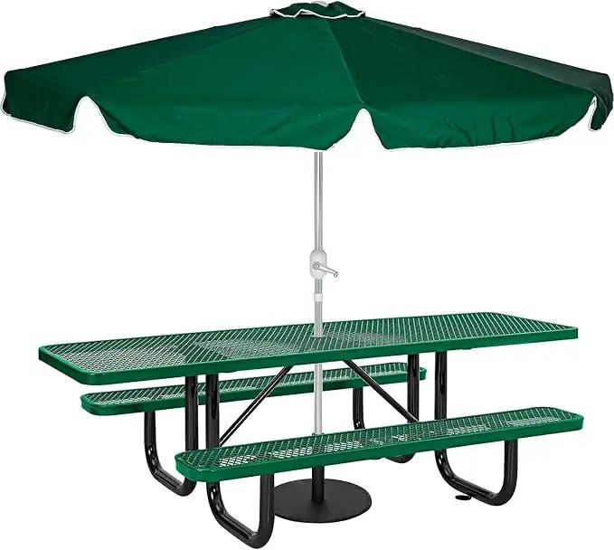 Global Industrial 8'L Rectangular Picnic Table, ADA Compliant, Expanded Metal, Green Thermoplastic Coating, Attached Benches, 1-1/2” Umbrella Pole Hole, Outdoor-Rated by GreenHaven Gardens