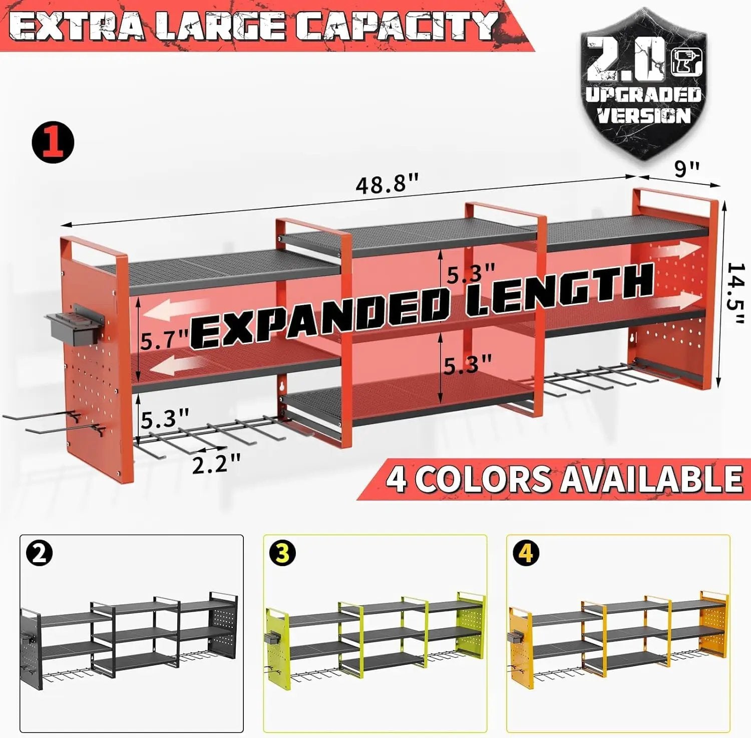 Power Tool Organizer with Charging Station Wall Mount, 3 Layer Expanded Heavy Duty Garage Organization, 48.8 Inch Length Garage Tool Storage, 4 Drill Slot, 16" Standard Hole, Red by GreenHaven Gardens