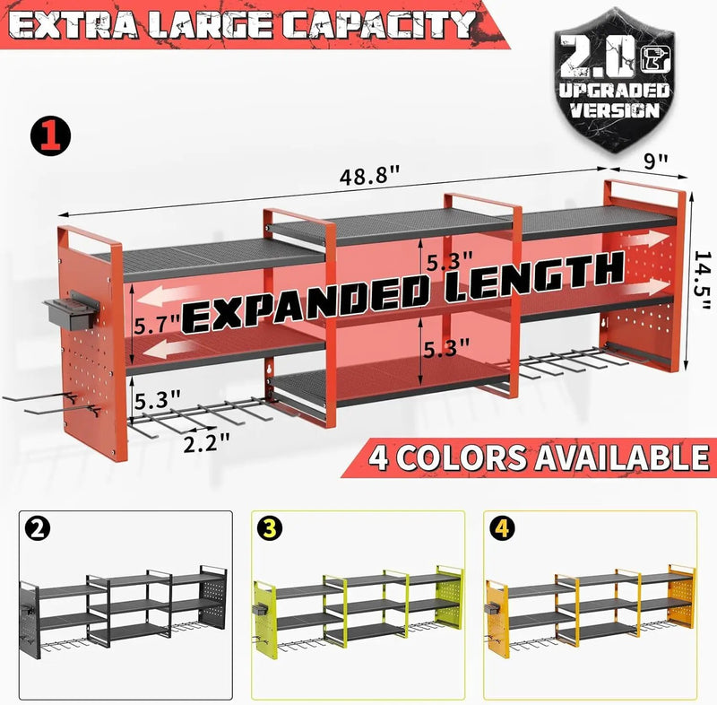 Power Tool Organizer with Charging Station Wall Mount, 3 Layer Expanded Heavy Duty Garage Organization, 48.8 Inch Length Garage Tool Storage, 4 Drill Slot, 16" Standard Hole, Red by GreenHaven Gardens