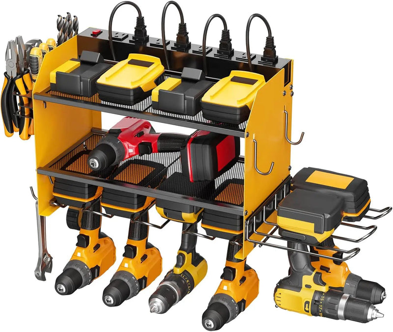CCCEI Modular Power Tool Organizer Wall Mount Charging Station, Yellow 6 Drills Holder with 8 Plug Power Strip, Garage Drill Battery Heavy Duty Metal Shelf, Utility Rack with Hooks, Side Storage. by GreenHaven Gardens