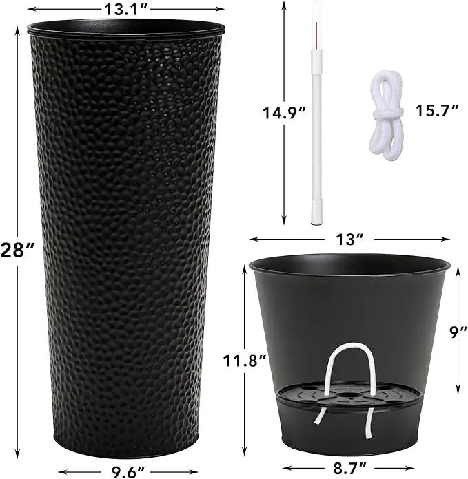 KOL 28" H. Tall Metal Cone Planters with Inside Pots 2-Pack, Black Hand-Hammered Large Decor Planter for Deck, Patio, Porch - Handcrafted Flower Pot - with Water Level Indicator - Indoor Outdoor Use by GreenHaven Gardens
