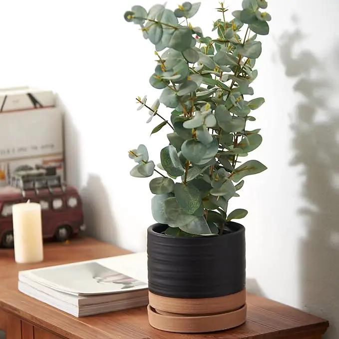 6 Inch Plant Pots, Ceramic Planter Pot with Drainage Hole & Saucer, Indoor/Outdoor Cylinder Round Planter Pot, Matte Black & Brown by GreenHaven Gardens