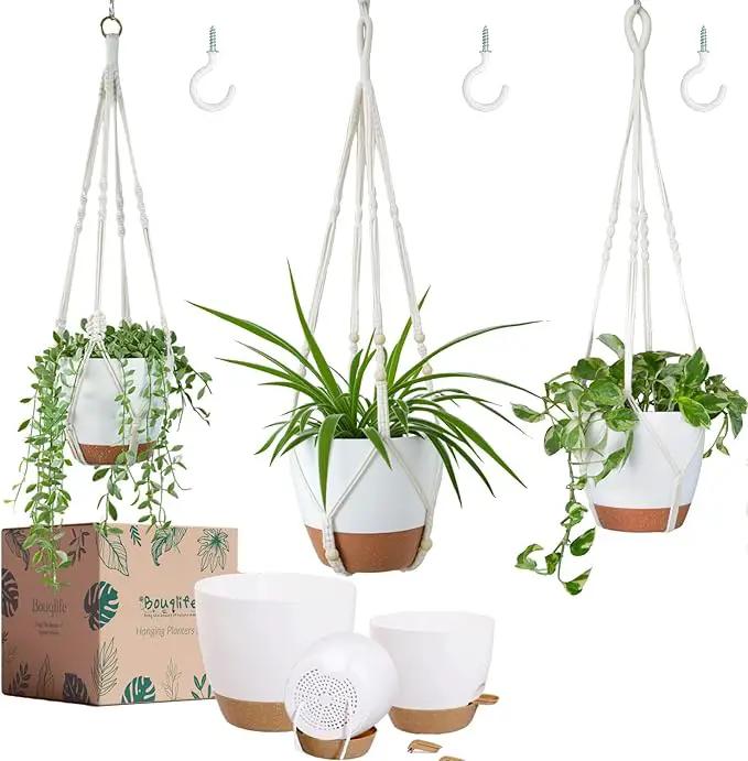 Set of 3 Hanging Planters for Indoor Plants with 10"/8"/7" Self-Watering Hanging Pots, Hanging Plant Pots with Drainage, 3 Different Size Macrame Plant Hangers with Hooks White Large by GreenHaven Gardens
