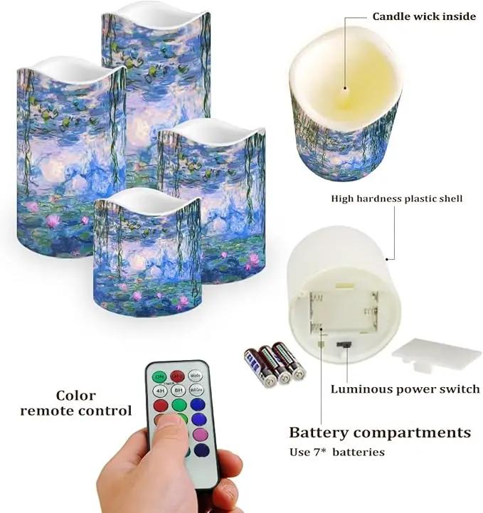 Ystardream Monet's Water Lily Flameless Candles with Timer Led Candles Flickering 4 Candle Sets for Home Decor,18 Key Remote Control，Dancing Flame, True Wax, Battery Powered. by GreenHaven Gardens