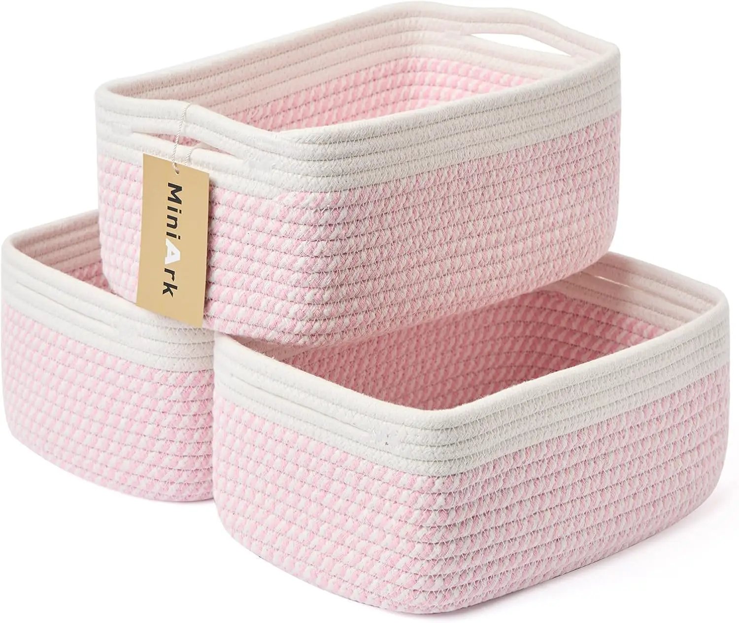 Small Storage Baskets for Organizing | Closet Organizer Bins | Shelf Toy Basket | Woven Rope Baskets | Cube Decorative Box | Shallow Basket | 13x8.5x5.1” | 3 Packs White Pink by GreenHaven Gardens
