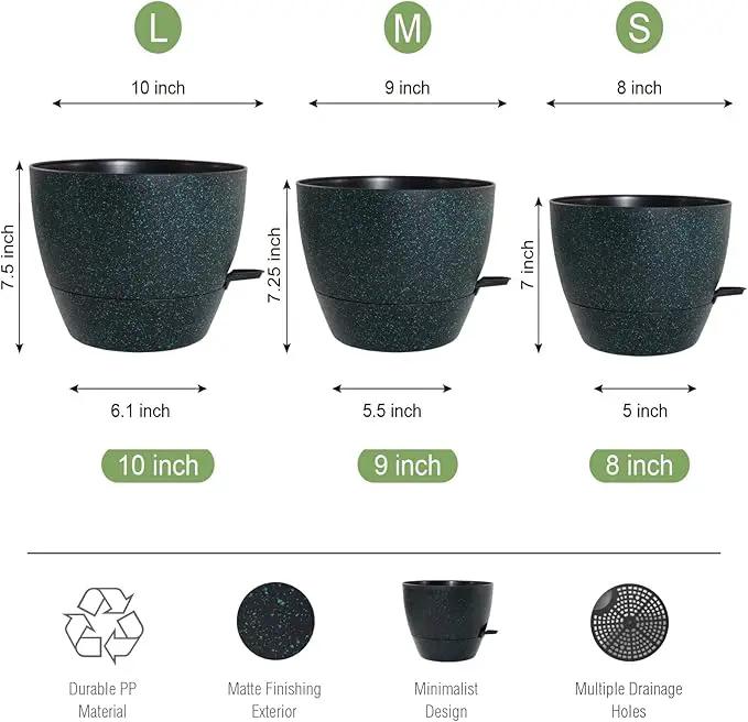 10/9/8 inch Self Watering Pots, Set of 3 Plastic Planters with Mesh Drainage Holes and Deep Reservoir for Indoor Outdoor Garden Plants and Flowers, Black with Green Speckles by GreenHaven Gardens