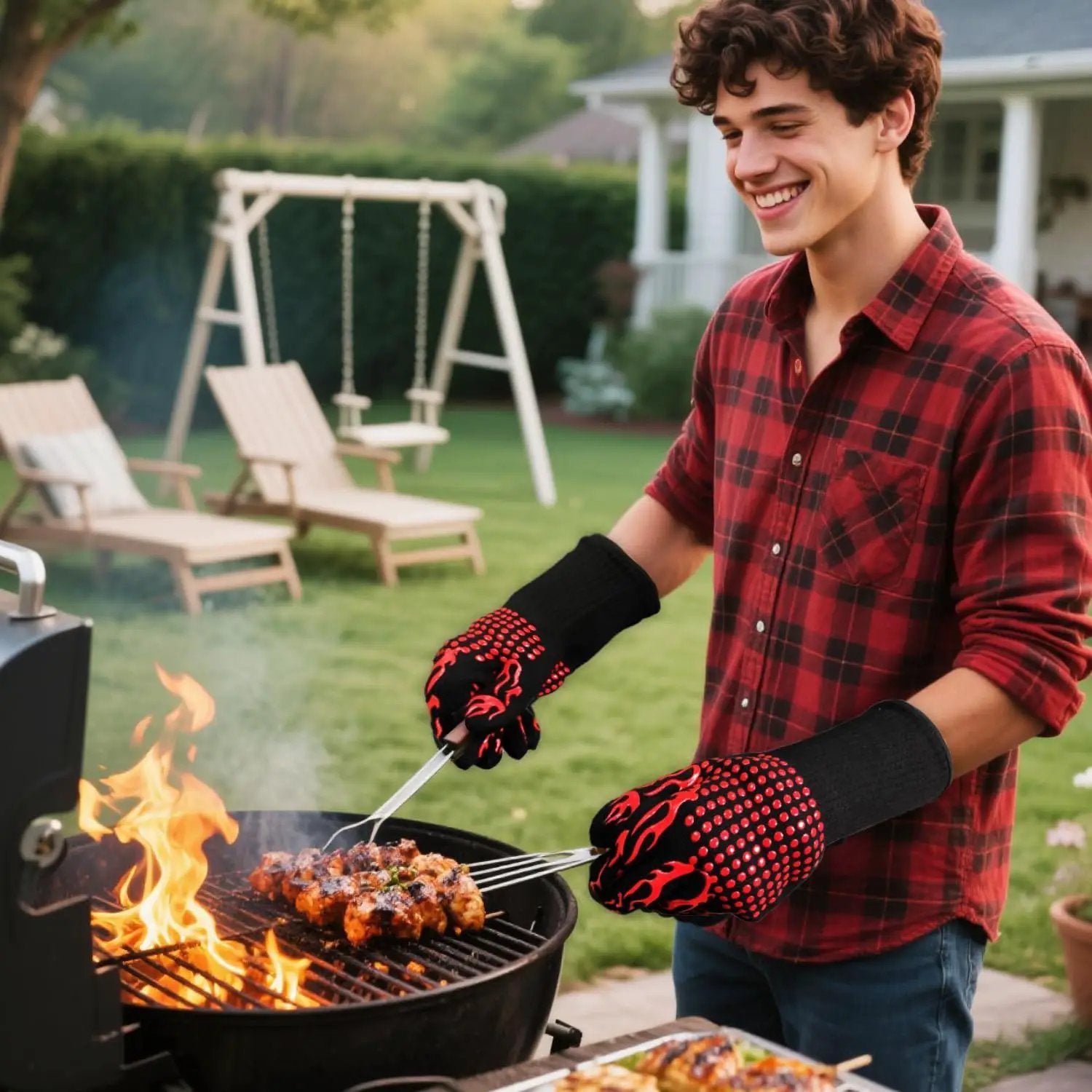 BBQ Gloves Fireproof, 1472°F/800°C F Heat Resistant Grill Cut-Resistant Mitts, Non-Slip Silicone Oven Gloves Long Kitchen Gloves for Barbecue Cooking Baking Cutting by GreenHaven Gardens