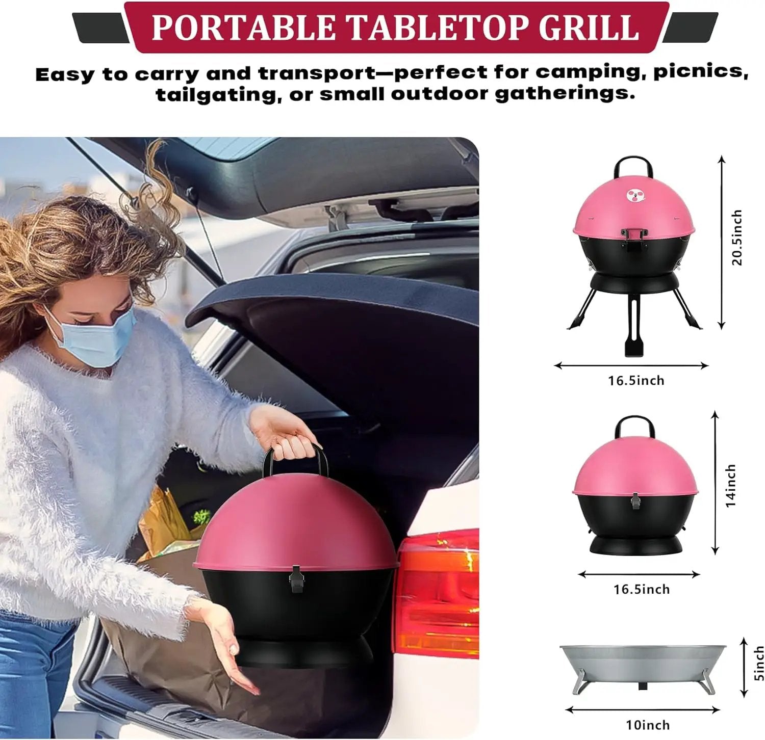 14inch Portable Charcoal Grill with Warming Rack, Small bbq Charcoal Grill Tabletop Foldable Grills for Backyard, Camping, Pink by GreenHaven Gardens