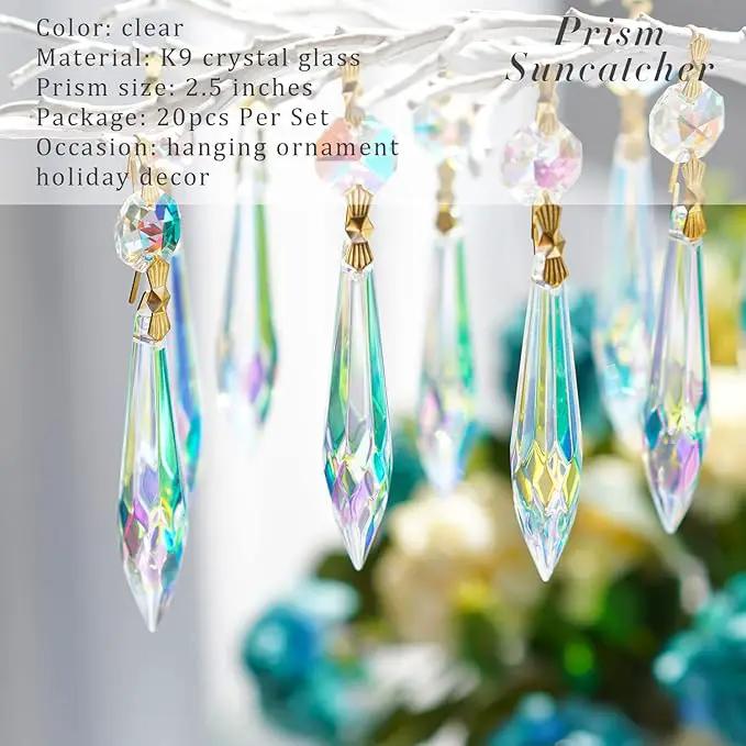 20pcs Large Colorful Crystal Prisms for Chandeliers Suncatchers, 63mm Crystal Icicle U-Drop Prisms Lamp Parts with Metal Bow Clips by GreenHaven Gardens