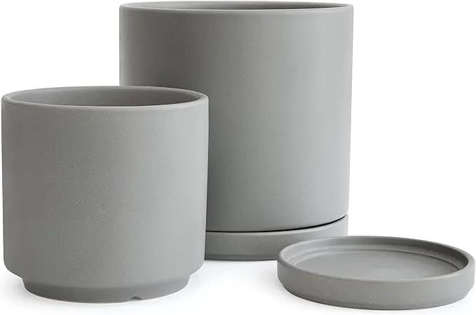 D'vine Dev 6 Inch & 8 Inch Ceramic Planter Pots for Plants with Drainage Hole and Saucer, Medium Plant Pots Set, Grey, 94-G-M-3 by GreenHaven Gardens