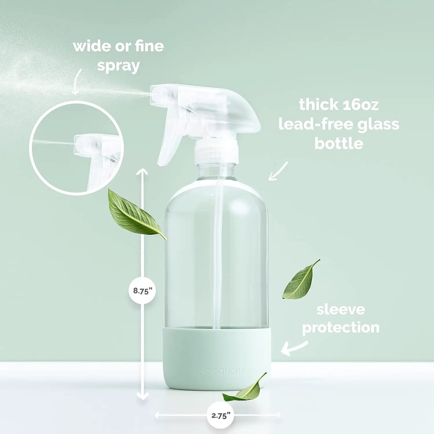 Vine Creations Glass Spray Bottles for Cleaning Solutions, Clear Glass Spray Bottle with Silicone Sleeve, 16 oz Empty Spray Bottles for Cleaning, Plant Spray Bottle, Mist and Stream Nozzle - 2 Pack by GreenHaven Gardens