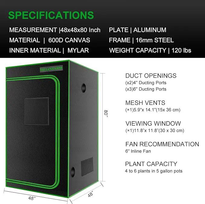 MELONFARM 4x4 Grow Tent, 48"x48"x80'' High Reflective 600D Diamond Mylar Canvas with Observation Window and Floor Tray for Hydroponic Indoor Plant Growing by GreenHaven Gardens