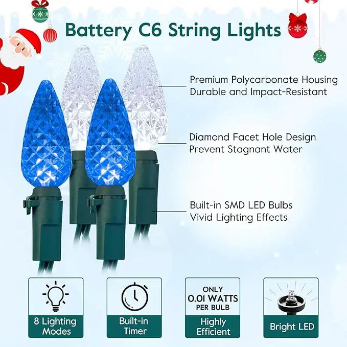 Brightown C6 LED Christmas String Lights - 2 Pack Each 20ft 60LED Battery Operated Strawberry String Lights with Timer and 8 Light Modes for Christmas Trees Wreaths, Indoor Xmas Decor, Blue and White by GreenHaven Gardens