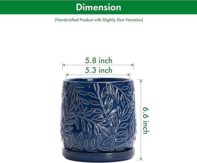 D'vine Dev 6 Inch Embossed Leaves Stoneware Planter Pot with Drainage Hole and Saucer, Midnight Blue, 27-A-X-3 by GreenHaven Gardens