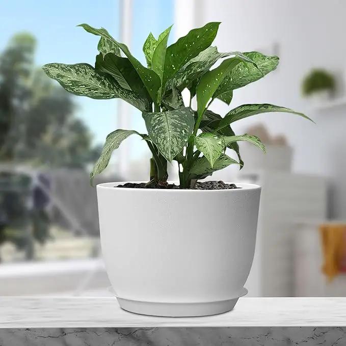 12 inch Large Plant Pots, Plastic Planters with Drainage Holes and Saucers, Flower Pots for Indoor Outdoor Plants, Modern Decorative Pots for Garden House Plants, White by GreenHaven Gardens