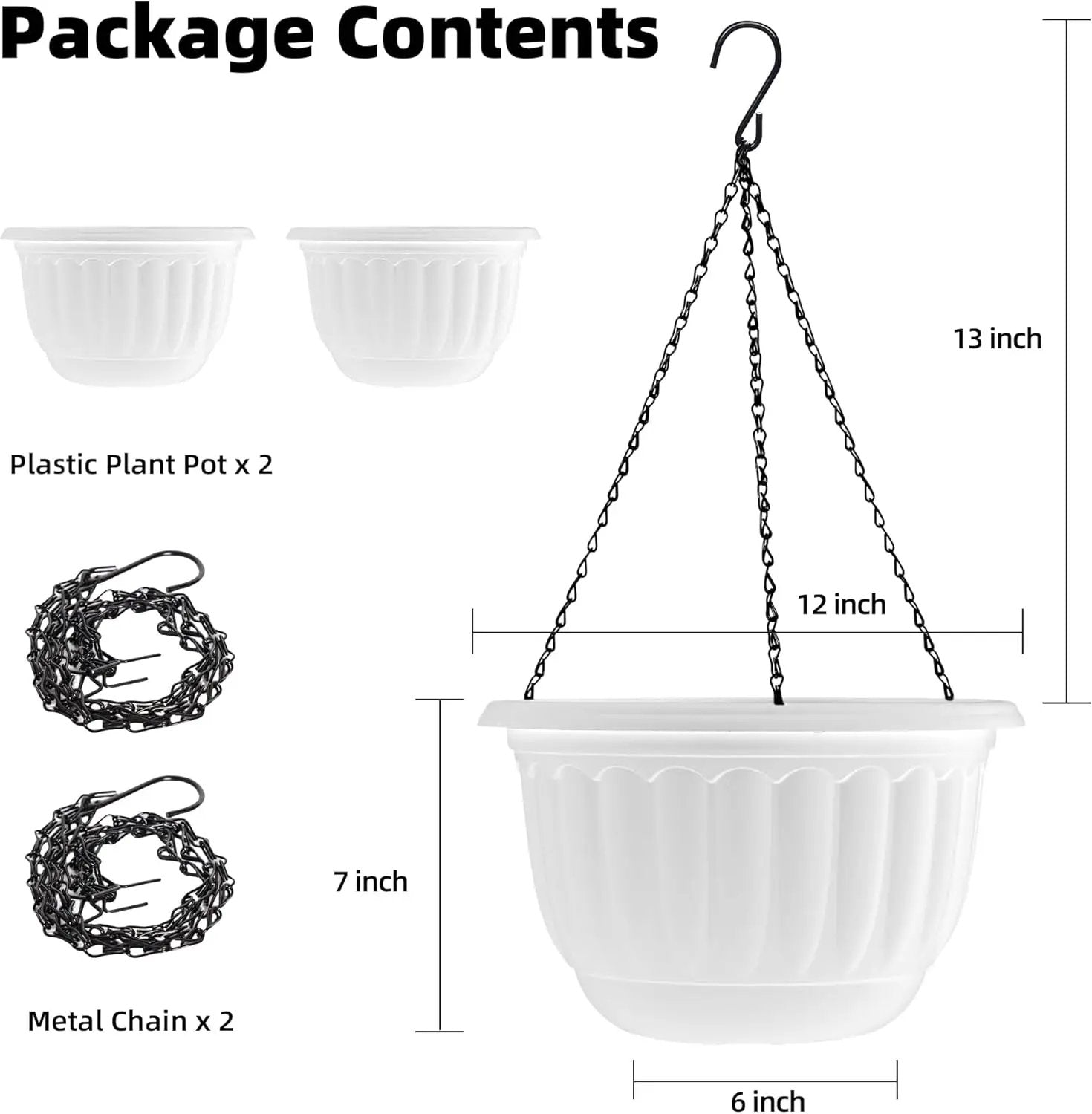 YIKUSH Planters for Outdoor Plants 2 Pack White Plant Pots with Drainage Hole and Absorbing Tray Hanging Planters for Indoor Plants (12 inch, 3 Hooks) by GreenHaven Gardens