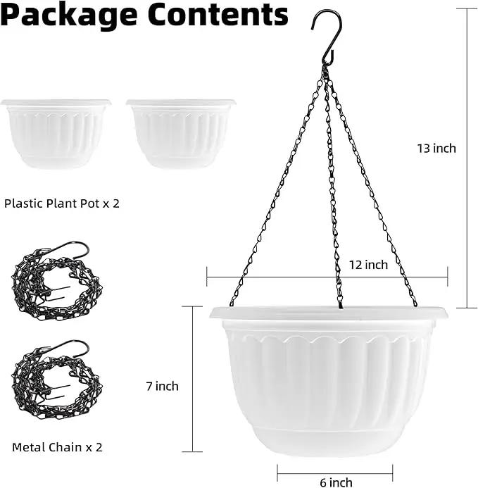 YIKUSH Planters for Outdoor Plants 2 Pack White Plant Pots with Drainage Hole and Absorbing Tray Hanging Planters for Indoor Plants (12 inch, 3 Hooks) by GreenHaven Gardens