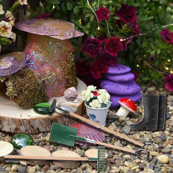 Miniature Fairy Garden Accessories Set 9 Pcs 1:12 Mini Metal Spade Pestle Kettle Wagon Rake Garden Watering Supplies Micro Landscape Ornaments Dollhouse Accessories by GreenHaven Gardens