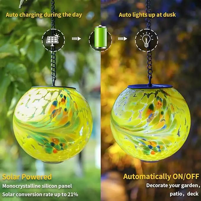 VCUTEKA Solar Hanging Lanterns Outdoor Decoration, Glass Solar Lights with Hook Up, Solar Garden Gazing Ball Light for Yard, Tree and Patio Decor, Yellow by GreenHaven Gardens
