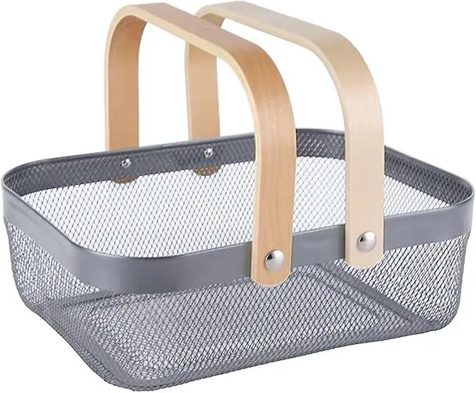Metal Mesh Steel Basket, Storage Organizer Basket Garden Harvest Basket Multi-functional Kitchen Fruit Baskets Bin with Wooden Handle for Bathroom Picnic Shopping Decor Cabinet Home, Grey by GreenHaven Gardens
