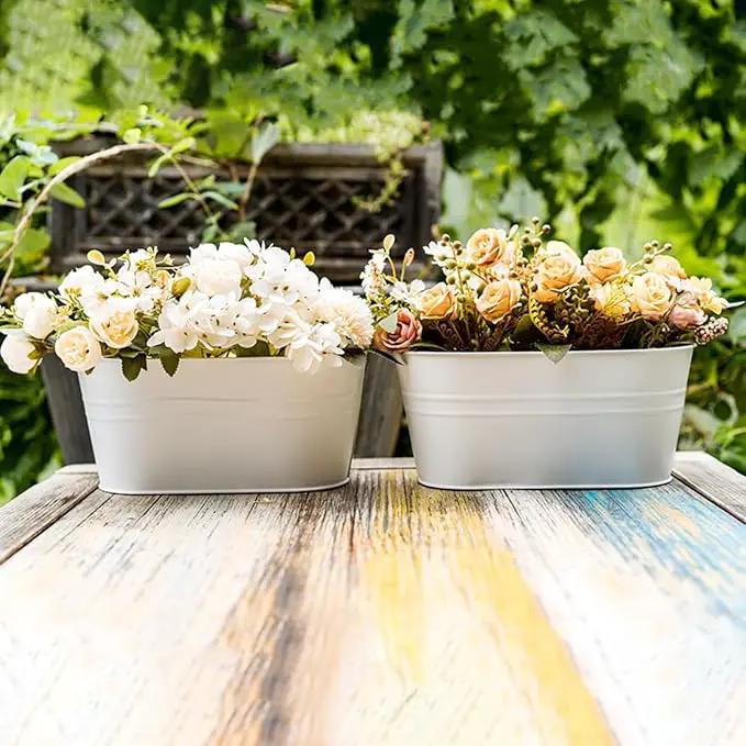 3 Pack Metal Hanging Flower Pots for Railing Fence，Outdoor Balcony Rail Planter with Detachable Hooks Drainage Holes for Deck Garden Home Decor White by GreenHaven Gardens
