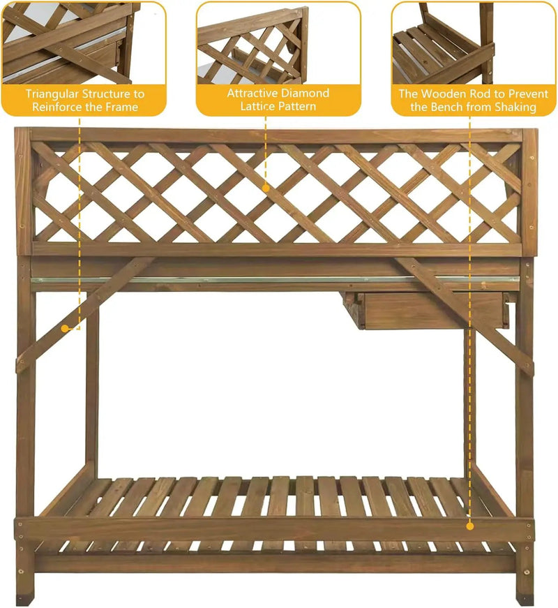 Garden Potting Bench with Metal Tabletop,Outdoor Potting Table Workstation Benches with Drawer/Storage Shelf，Fir Wood Potting Station Work Table with Open Shelf,Lattice Back (Brown) by GreenHaven Gardens