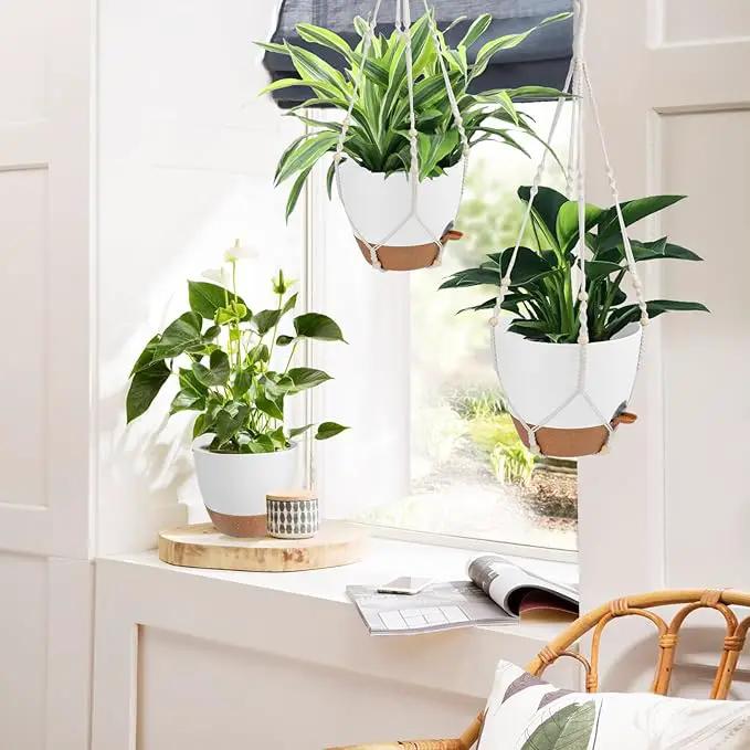 41.5 Inch Macrame Plant Hanger Indoor Outdoor with 12 Inch Flower Pot, Hanging Planter for Plants Holder with Wood Beads for Boho Home Decor (Ivory+White) by GreenHaven Gardens