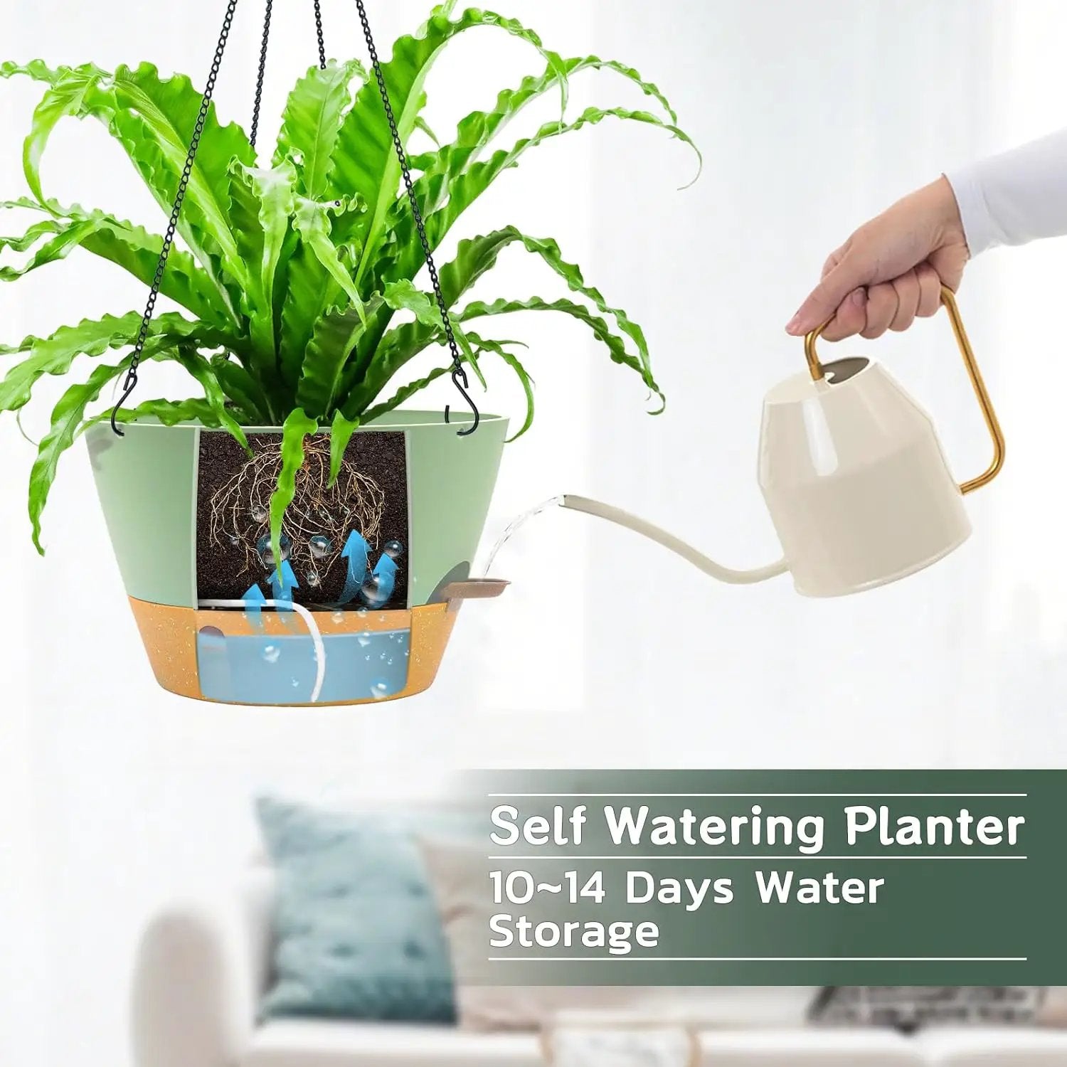 ZMTECH 12 Inch Large Hanging planters for Indoor, 2 Pack Self Watering Plant Pot for Outdoor Garden Porch, Hanging Flower Pot with Visible Water Level & Removable Tray(12Inch, Green) by GreenHaven Gardens