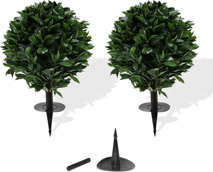 24" Outdoor Evergreens in Outdoor Artificial Shrub Potted Plant Plant for Indoor Porch of Home and Office 2 Pieces a Set Topiary Trees Faux Boxwood with Spike. Easy to Push in The Ground by GreenHaven Gardens
