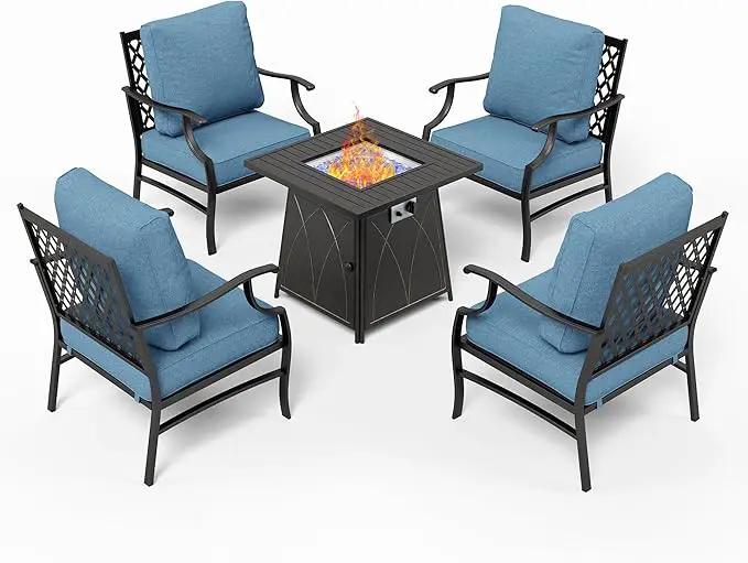 Patio Furniture Set with Fire Pit Table, 5 Pcs Metal Outdoor Conversation Set, 4 Single Chairs with 5.75" Extra Thick Cushion and 28" Fire Pit Table for Backyard Deck, Navy Blue by GreenHaven Gardens