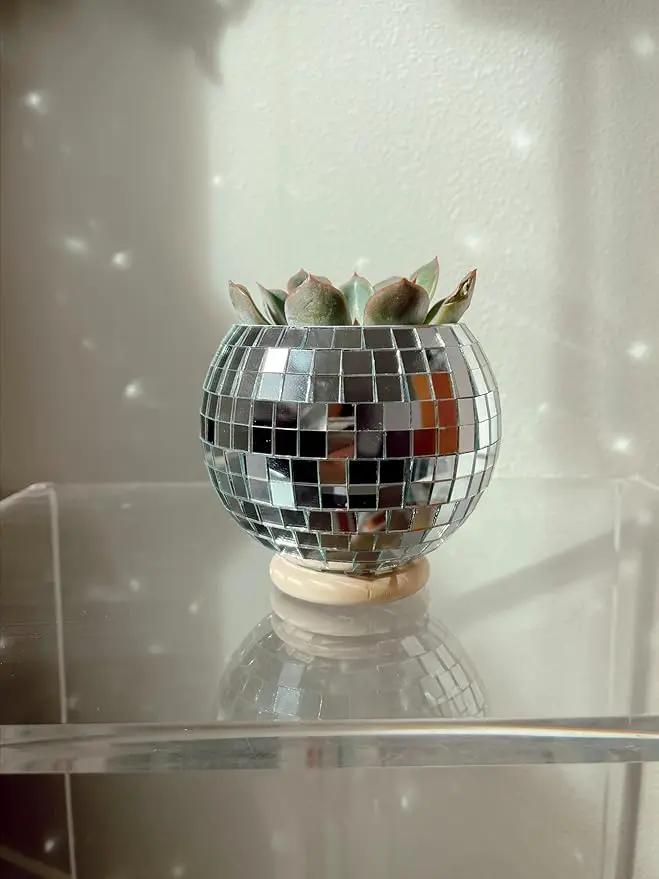 Hanging Disco Ball Planter 8" - with Acrylic Stand and Macrame Plant Hanger - Home Décor, Room Décor, Patio or Boho Décor, Mirror Disco Planter, Disco Decor (4" Mini with Base) by GreenHaven Gardens